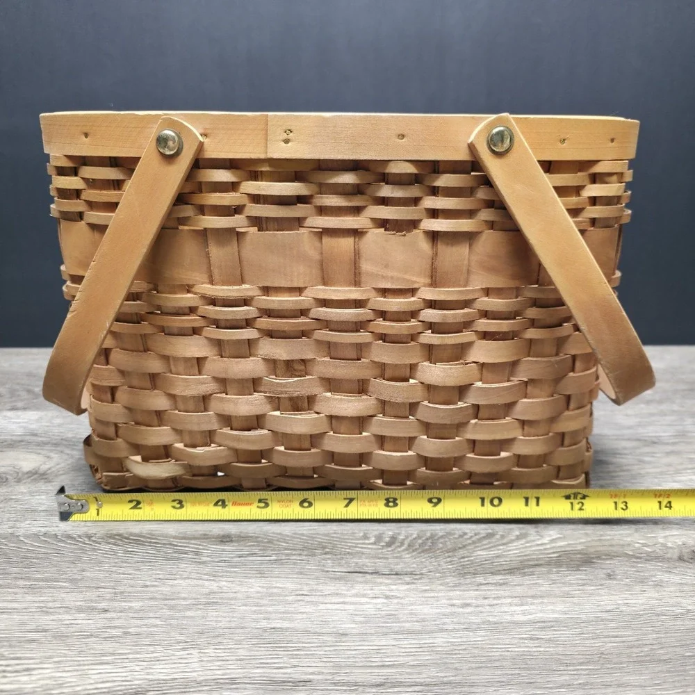 Vintage Double Handled Light Brown Wooden Basket 13x6x9 Rustic Home Decor